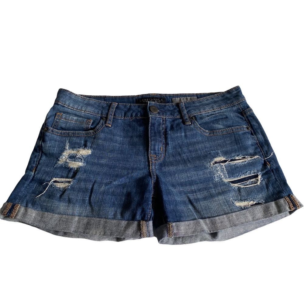 Aeropostale MIDI Distressed Denim Blue Jean Roll Cuff Shorts Sz 6